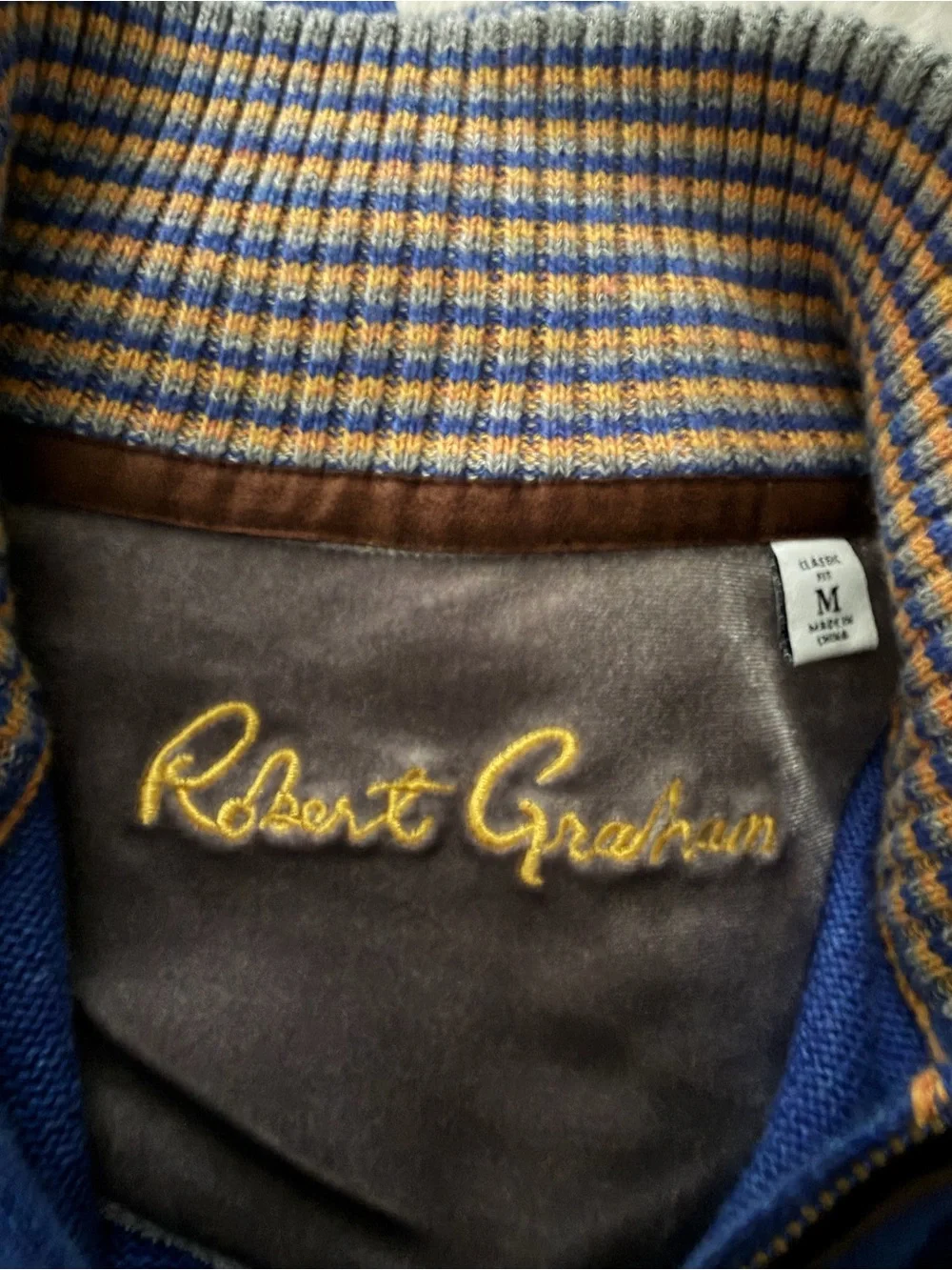 Robert Graham Men's Blue Quarter-Zip Cotton Long Sleeve Sweater with Brown Trim